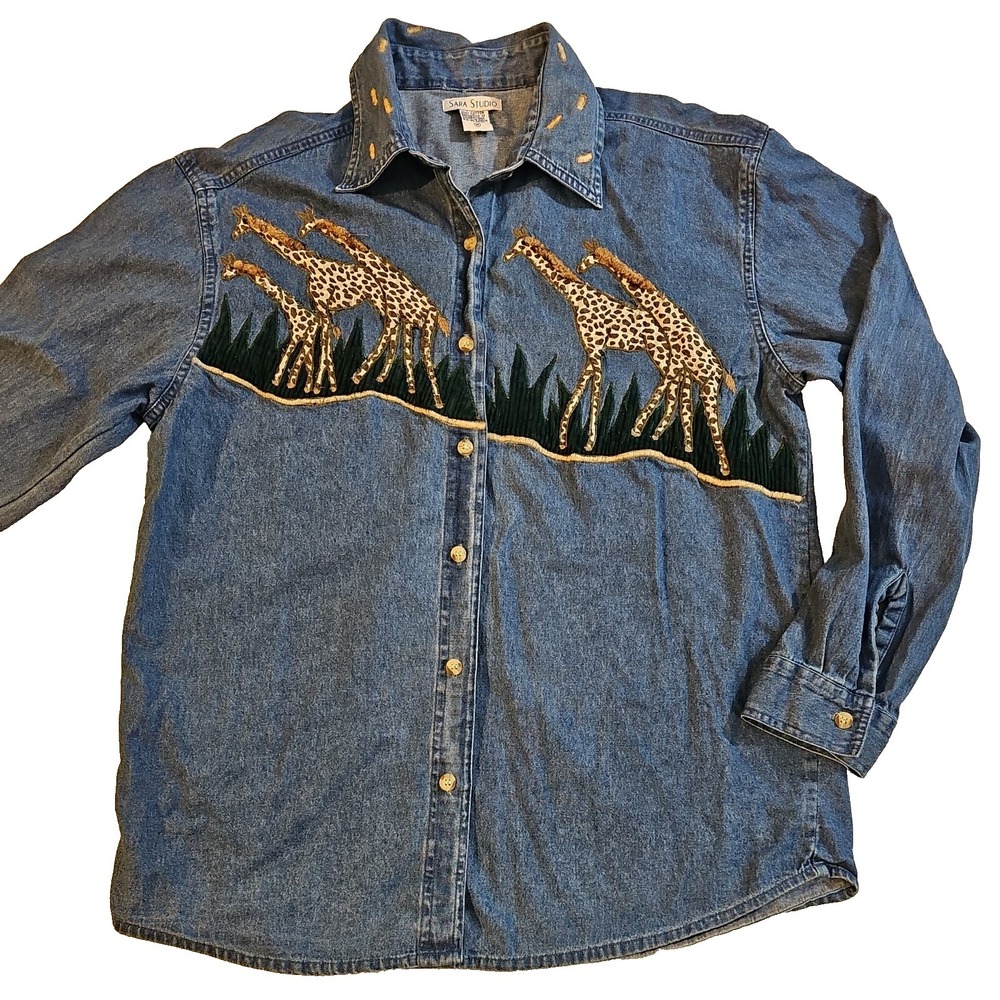 Sara Studio long Sleeve Blue‎ Jean Denim Shirt Giraffe Safari Women's M